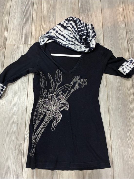 Cache Tops - Vintage Cache Y2K Embellished Floral Hooded Tunic Top Size Small